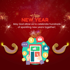 New Year greeting with digital elements and fireworks