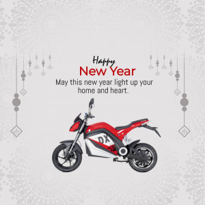 Red and black DX electric motorcycle with New Year greetings