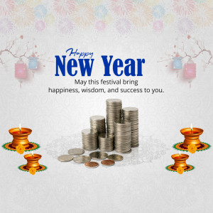 New Year greeting with coins, candles, and lanterns