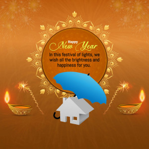 New Year greeting with Diwali lights, house, and umbrella