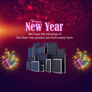 New Year greeting with solar panels and fireworks