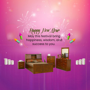 Happy New Year wish with bedroom furniture and fireworks