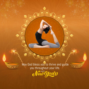 Woman performing a yoga pose with Diwali lamps and a New Year greeting.