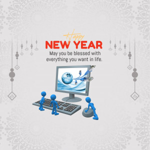 New Year greeting with a digital theme featuring a computer and stylized figures.