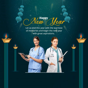 Two female healthcare workers celebrating New Year with candles and festive decorations.