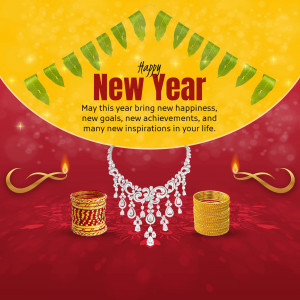New Year greeting card with jewelry and festive decorations