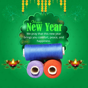 New Year greeting with thread spools and traditional oil lamps