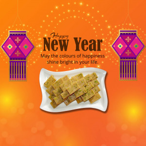 New Year greeting with traditional Indian sweets and lanterns