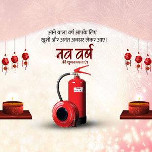 New Year greeting with a fire extinguisher and candles