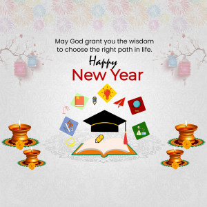 New Year greeting with educational symbols and candles