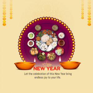 A vibrant image of a traditional Indian thali with various dishes, decorated with flowers and diyas, wishing a Happy New Year.
