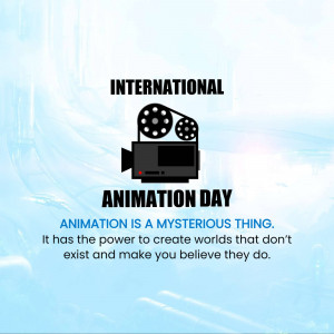 Image celebrating International Animation Day with a film reel and camera icon.