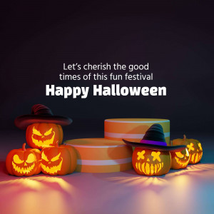 3D rendered Halloween pumpkins and decorations with text 'Happy Halloween'