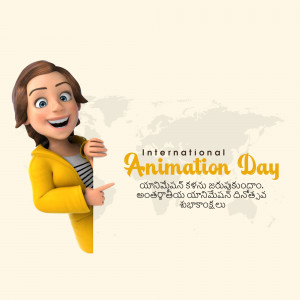 Cartoon woman pointing to International Animation Day text