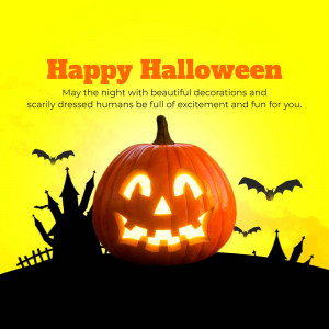 Jack-o'-lantern with bats and haunted house against a yellow background