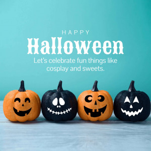 Four decorated pumpkins with Halloween faces on a teal background with 'Happy Halloween' text.