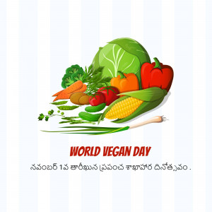 A colorful illustration of various fresh vegetables with the text 'World Vegan Day'.