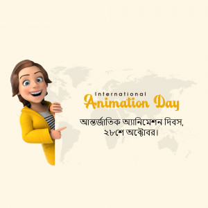 Cartoon character celebrating International Animation Day with a world map background.