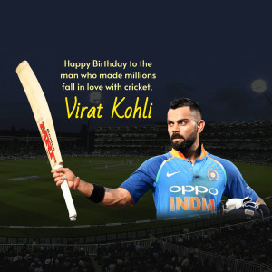 Virat Kohli with a cricket bat and stadium background