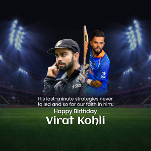 Virat Kohli with a cricket bat in front of a stadium, celebrating his birthday.