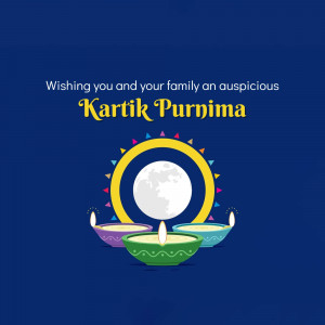 Kartik Purnima festival greeting with moon, lamps, and decorative elements.