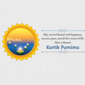 Kartik Purnima greeting card with lit lamps and a sun background