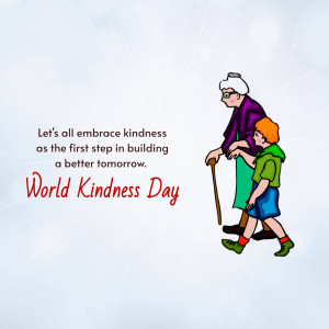 Illustration of a boy helping an elderly woman walk with a cane, promoting kindness.