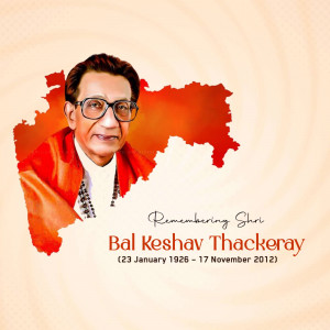 Portrait of Bal Keshav Thackeray with a map of Maharashtra in the background