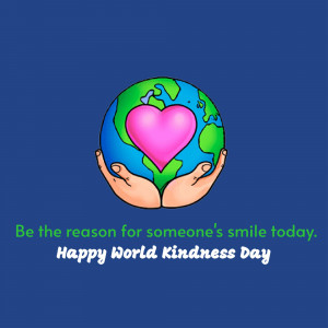 Illustration of hands cradling the Earth with a heart on it, celebrating World Kindness Day.