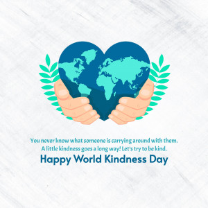 Hands holding a globe shaped like a heart with leaves, promoting World Kindness Day.