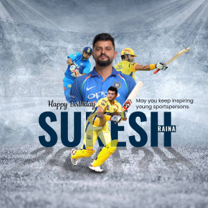 Suresh Raina birthday celebration poster with cricket imagery