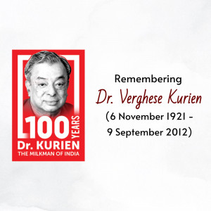 Portrait of Dr. Verghese Kurien with text commemorating his 100th birth anniversary.