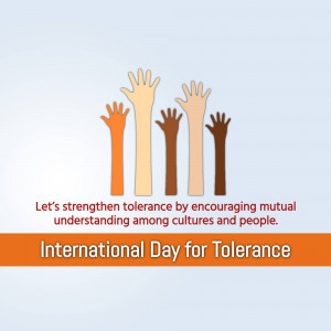 Diverse hands reaching up with text promoting tolerance and understanding.