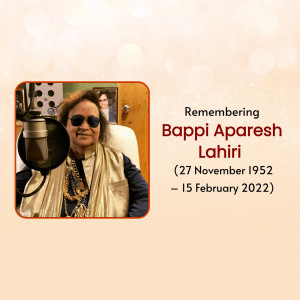 Portrait of Bappi Lahiri with a microphone, commemorating his life and work.