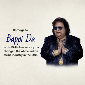 Portrait of Bappi Lahiri with text commemorating his birthday and impact on Indian music.