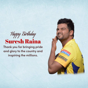 Suresh Raina in a yellow cricket jersey with a birthday greeting