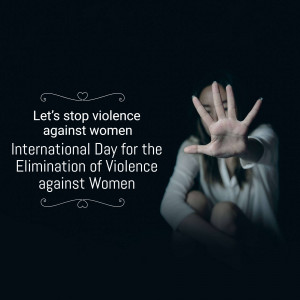 A person with hand up in a stop gesture against a dark background with text promoting the International Day for the Elimination of Violence against Women.