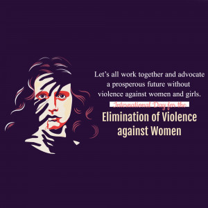 Illustration of a woman's face partially obscured with red lines, with text advocating for a future without violence against women and girls.