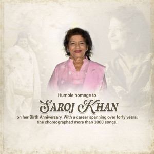 Portrait of Saroj Khan with faded images in the background