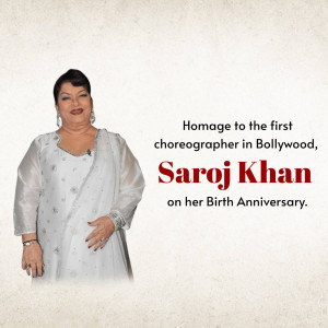 Portrait of Saroj Khan with text commemorating her birthday