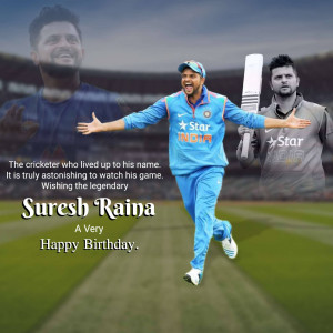 Suresh Raina celebrating on a cricket field with a composite image.