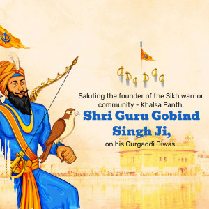 Illustration of Guru Gobind Singh Ji with a bow and falcon, with the Golden Temple in the background.