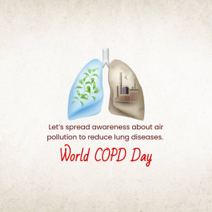Illustration depicting healthy and polluted lungs with text promoting World COPD Day and air pollution awareness.
