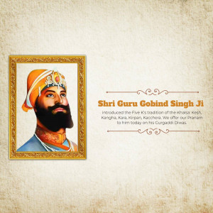 Portrait of Guru Gobind Singh Ji in a golden frame with text