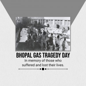 Commemorative image for the Bhopal Gas Tragedy, showing people near victims and text remembering those who suffered.