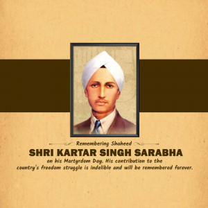 Portrait of Shaheed Kartar Singh Sarabha with text commemorating his Martyrdom Day.