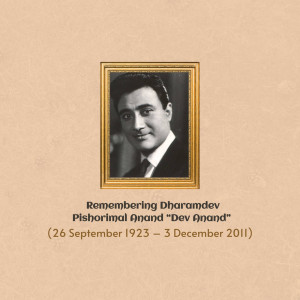 Black and white portrait of Dev Anand in a gold frame with text commemorating his life.