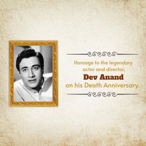 Black and white portrait of Dev Anand in a golden frame with a tribute message.