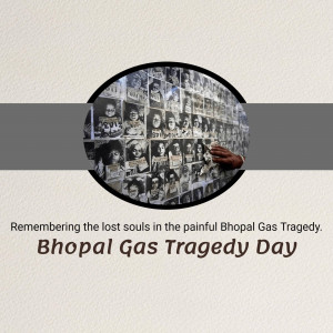Image commemorating the victims of the Bhopal Gas Tragedy with a collage of faces and a memorial hand gesture.