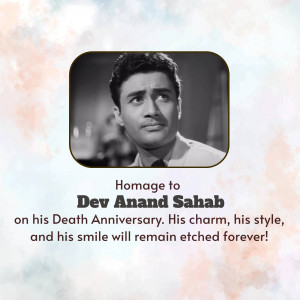 Black and white portrait of Dev Anand with text commemorating his death anniversary.
